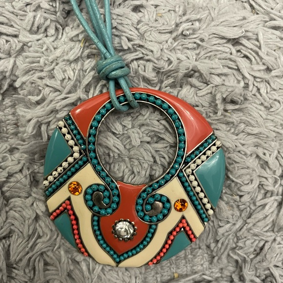 Tribal Pendant Necklace with based design and Turquoise and Coral inlays. - Picture 2 of 4